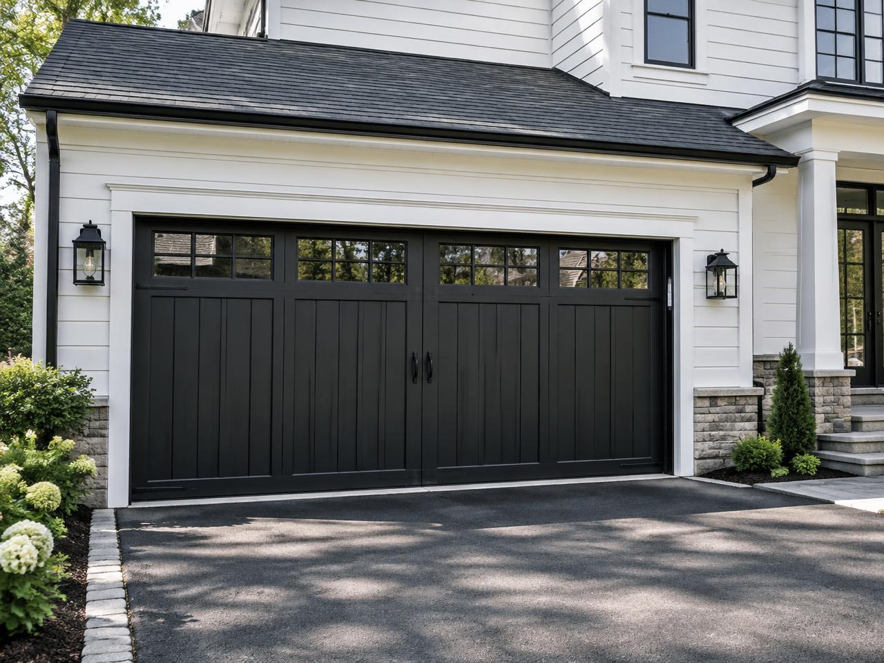 Newly installed black carriage-style garage door on a suburban home