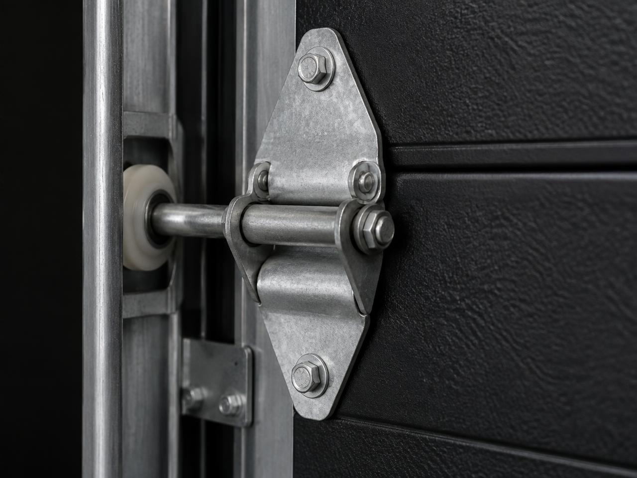 Close-up of a garage door roller and hinge hardware